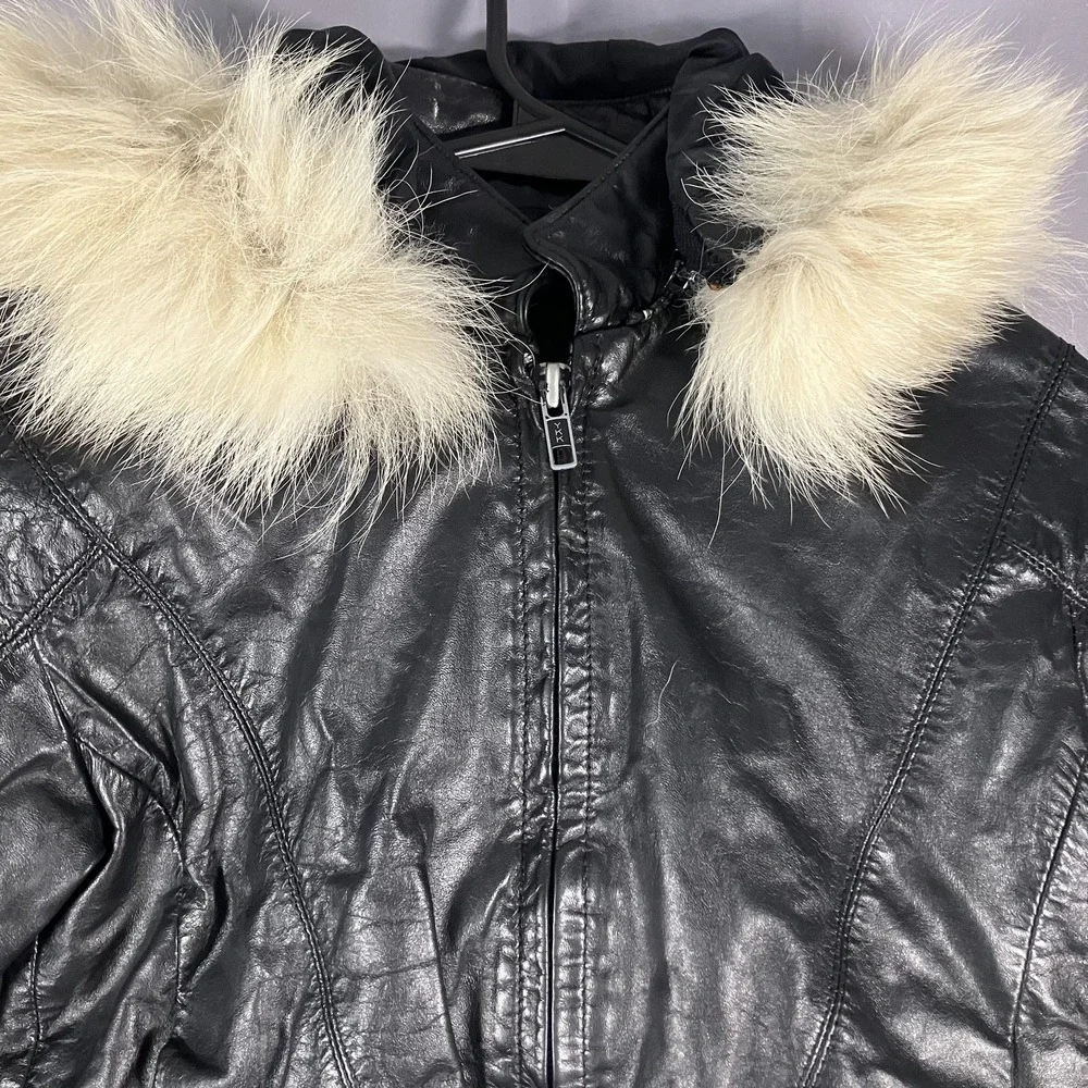Casablanca Leather Jacket Womens 8 Black Genuine Fur‎ Trim Hooded Crop Bomber